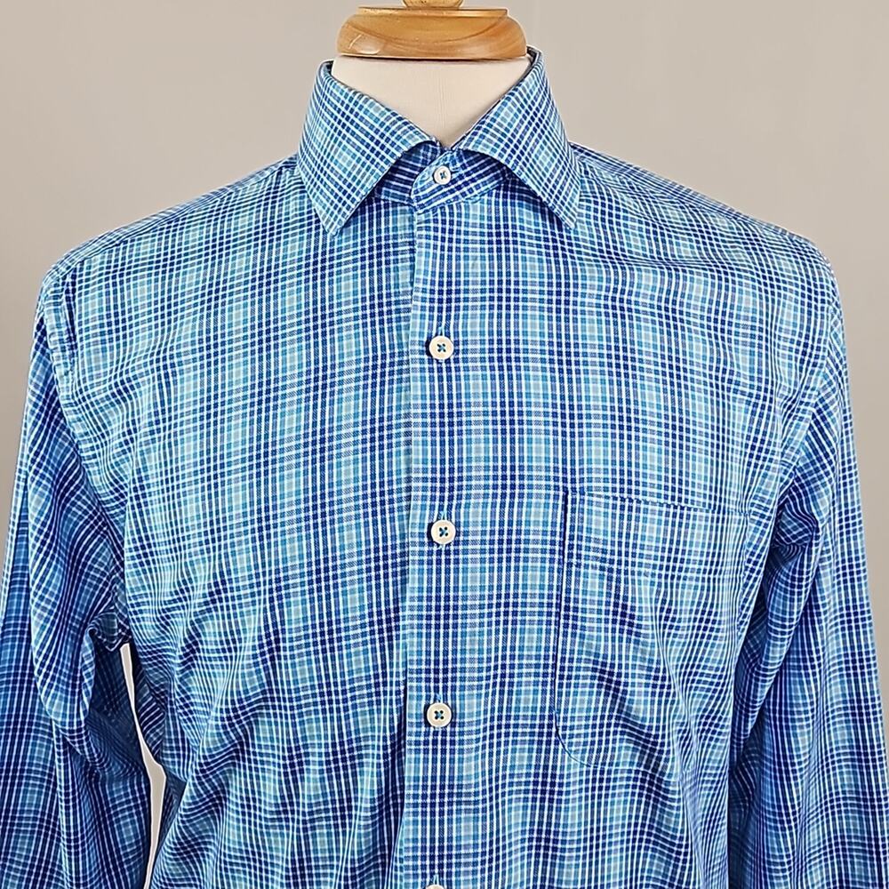 Peter Millar Blue Checker Plaid Long-Sleeve Button-Up Shirt Men's‎ Medium
